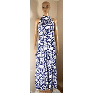 JIM & NORA Halter Neck Blue White Floral Print Long Maxi Dress Womens Large New